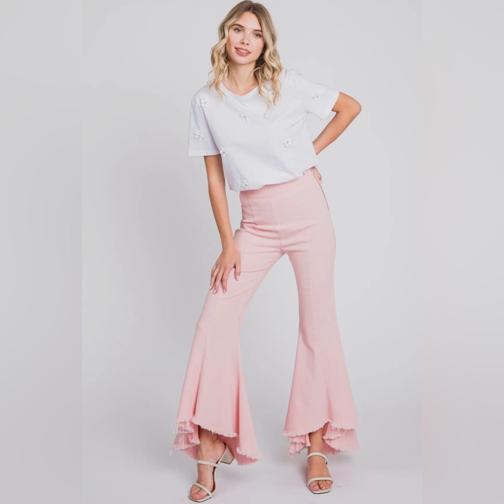 🟠 368B-PINK. High Low Flared Stretch Jeans